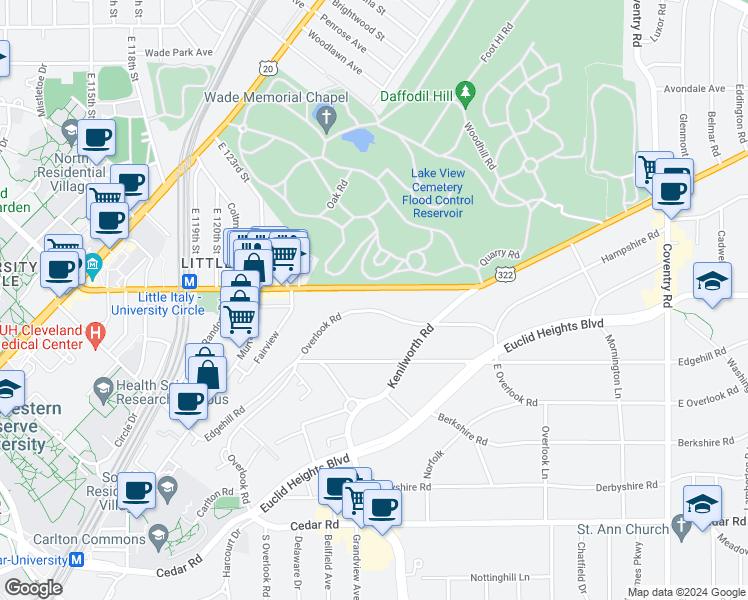 map of restaurants, bars, coffee shops, grocery stores, and more near 2463 Overlook Road in Cleveland Heights