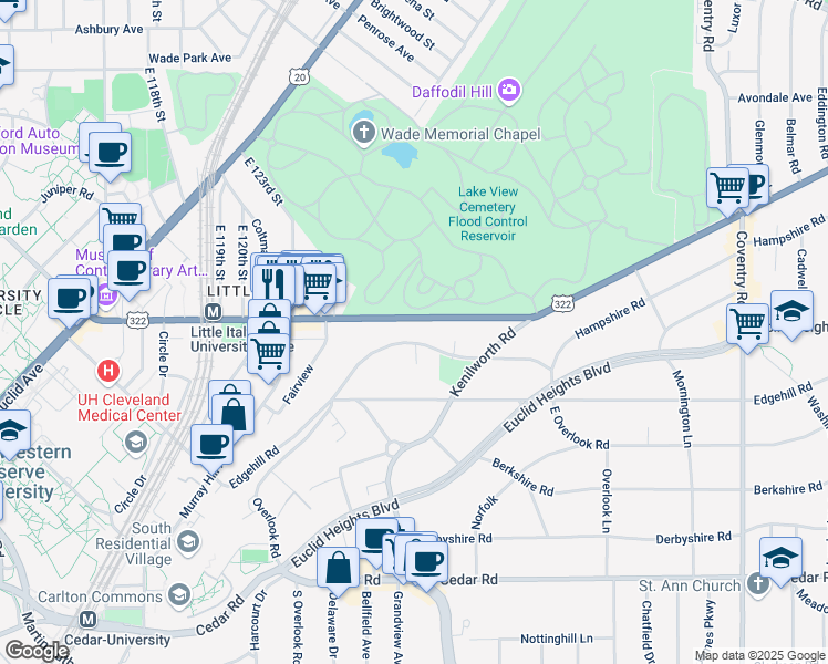 map of restaurants, bars, coffee shops, grocery stores, and more near 2463 Overlook Road in Cleveland Heights