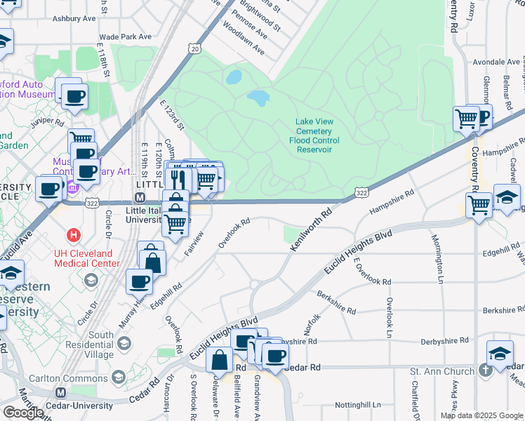 map of restaurants, bars, coffee shops, grocery stores, and more near 2463 Overlook Road in Cleveland Heights