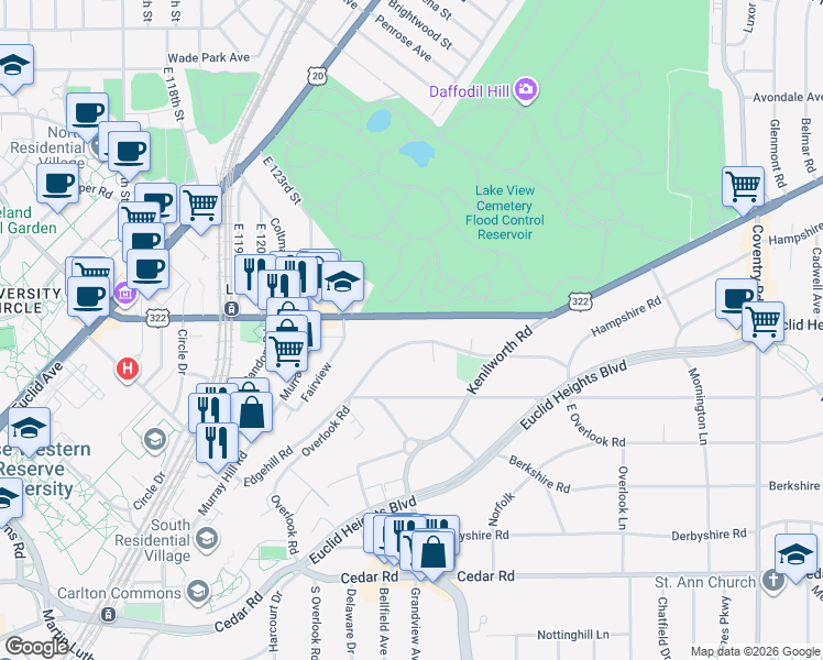 map of restaurants, bars, coffee shops, grocery stores, and more near 2417 Overlook Road in Cleveland Heights