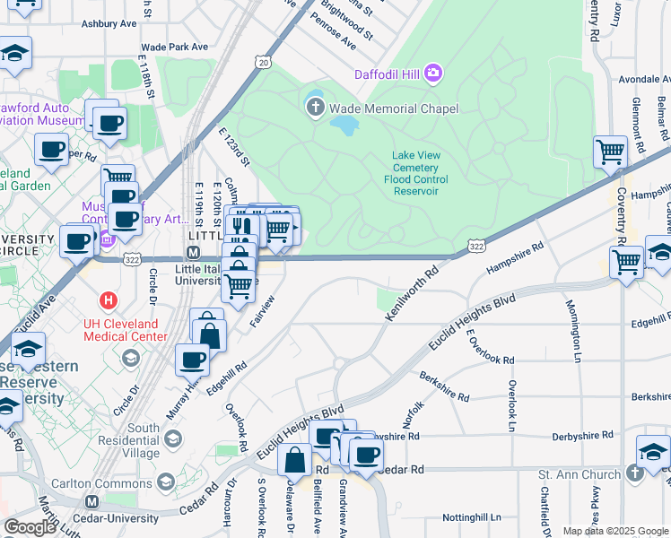map of restaurants, bars, coffee shops, grocery stores, and more near 2417 Overlook Road in Cleveland Heights