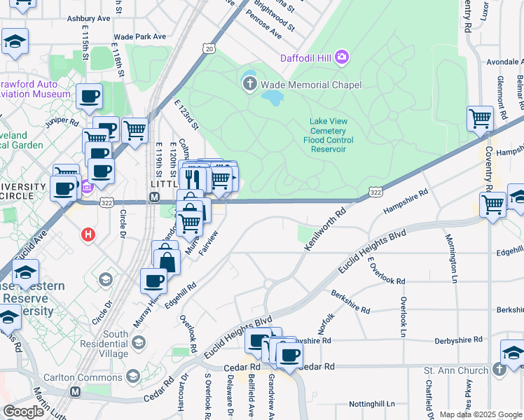 map of restaurants, bars, coffee shops, grocery stores, and more near 2417 Overlook Road in Cleveland Heights