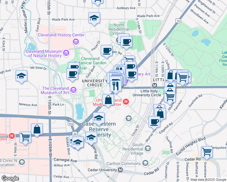 map of restaurants, bars, coffee shops, grocery stores, and more near 11100 Euclid Avenue in Cleveland