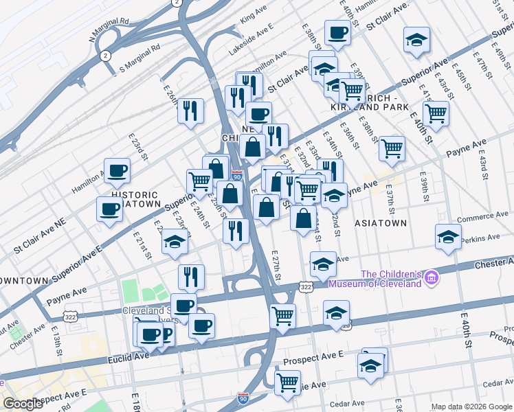 map of restaurants, bars, coffee shops, grocery stores, and more near 1602 East 27th Street in Cleveland