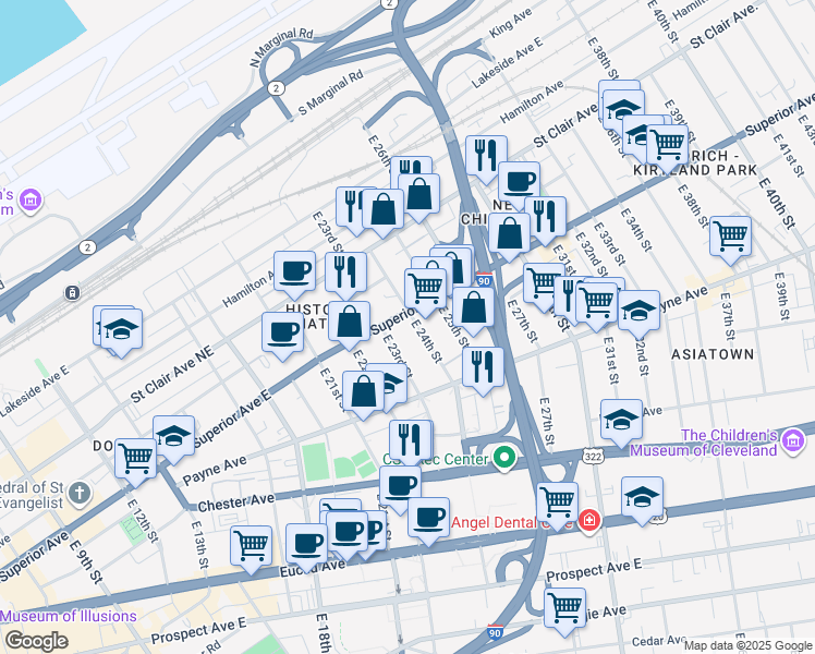 map of restaurants, bars, coffee shops, grocery stores, and more near 1542 East 24th Street in Cleveland
