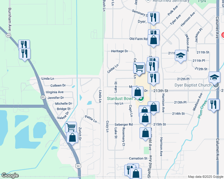 map of restaurants, bars, coffee shops, grocery stores, and more near 13 Lilac Drive in Dyer