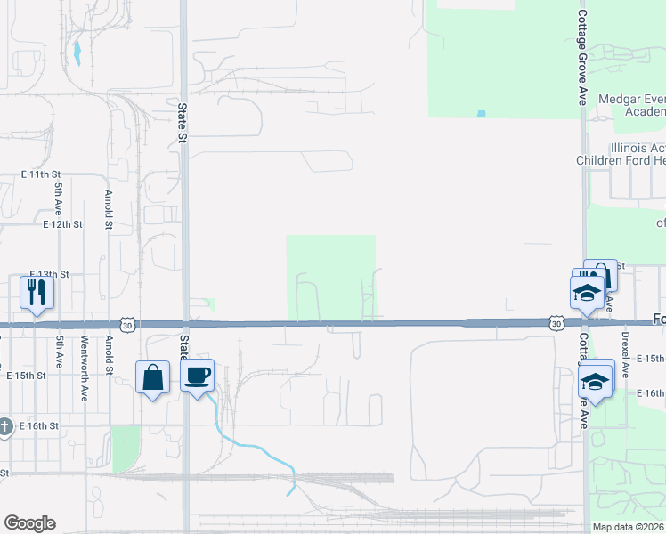map of restaurants, bars, coffee shops, grocery stores, and more near 581 E Lincoln Hwy in Chicago Heights