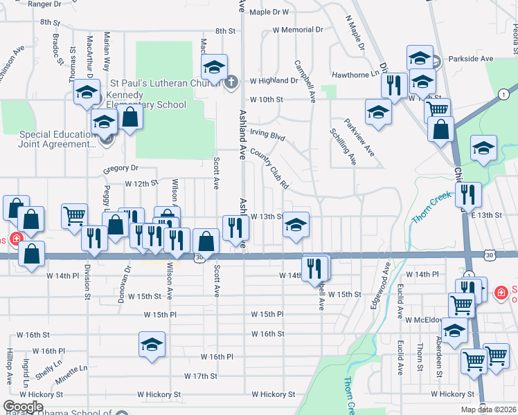 map of restaurants, bars, coffee shops, grocery stores, and more near 301 West 13th Street in Chicago Heights