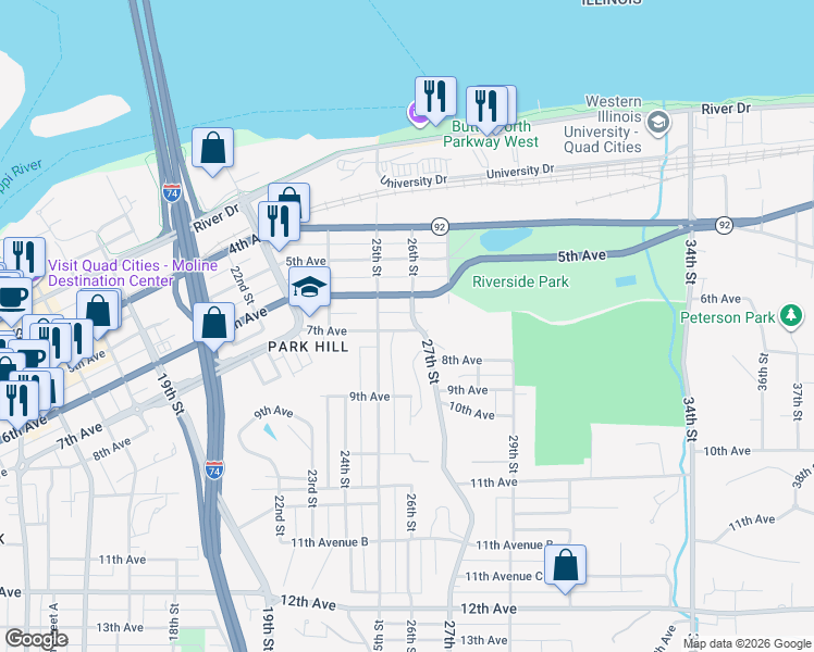 map of restaurants, bars, coffee shops, grocery stores, and more near 702 25th Street in Moline