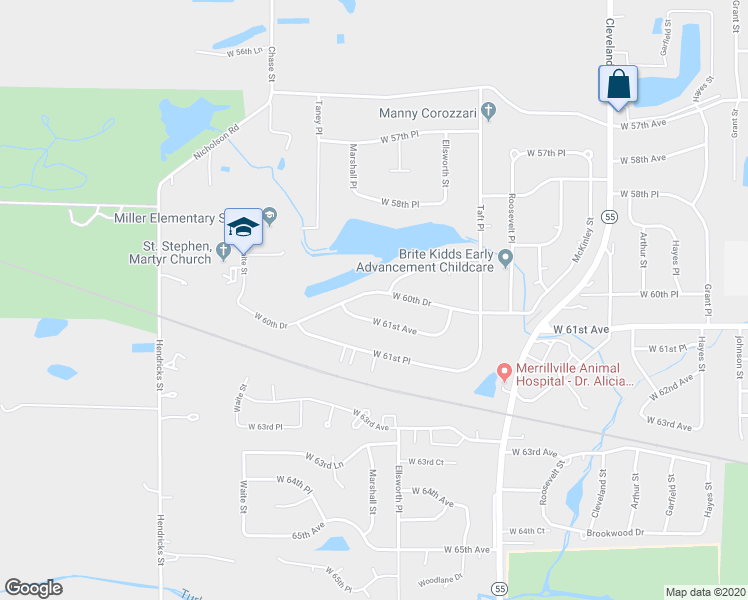 map of restaurants, bars, coffee shops, grocery stores, and more near 2707 West 60th Drive in Merrillville