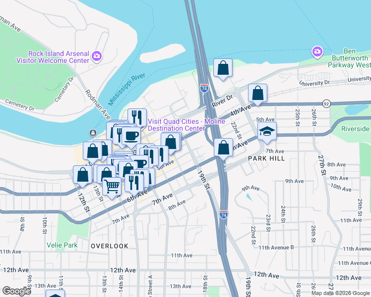 map of restaurants, bars, coffee shops, grocery stores, and more near 421 19th Street in Moline