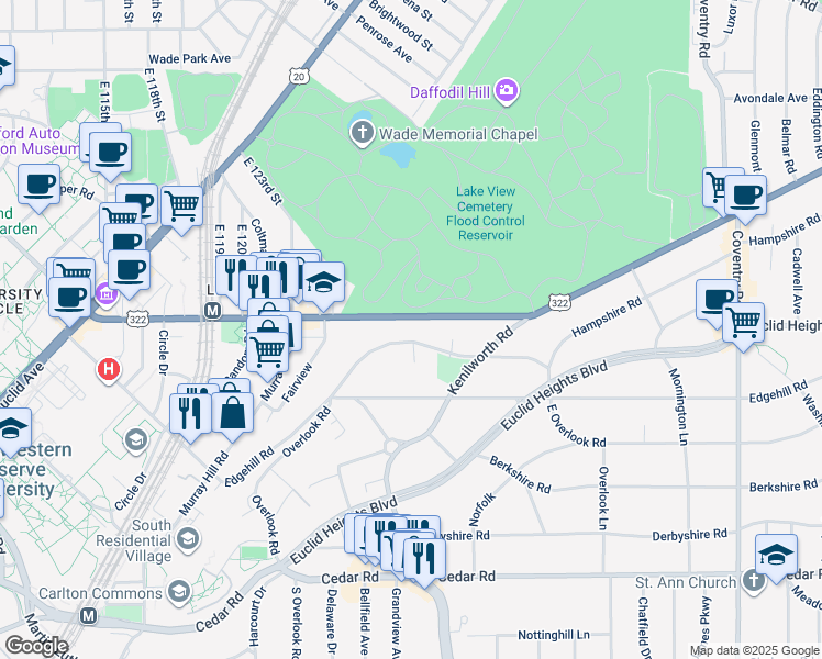 map of restaurants, bars, coffee shops, grocery stores, and more near 2463 Overlook Road in Cleveland Heights
