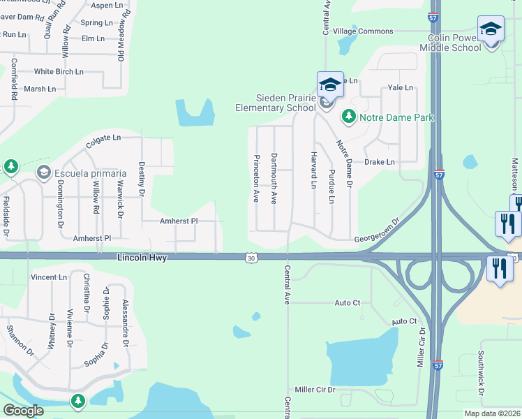 map of restaurants, bars, coffee shops, grocery stores, and more near 947 Princeton Avenue in Matteson