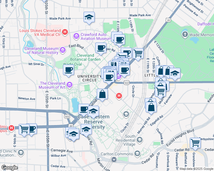 map of restaurants, bars, coffee shops, grocery stores, and more near 11205 Euclid Avenue in Cleveland