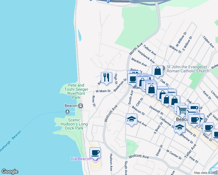 map of restaurants, bars, coffee shops, grocery stores, and more near 20 West Main Street in Beacon