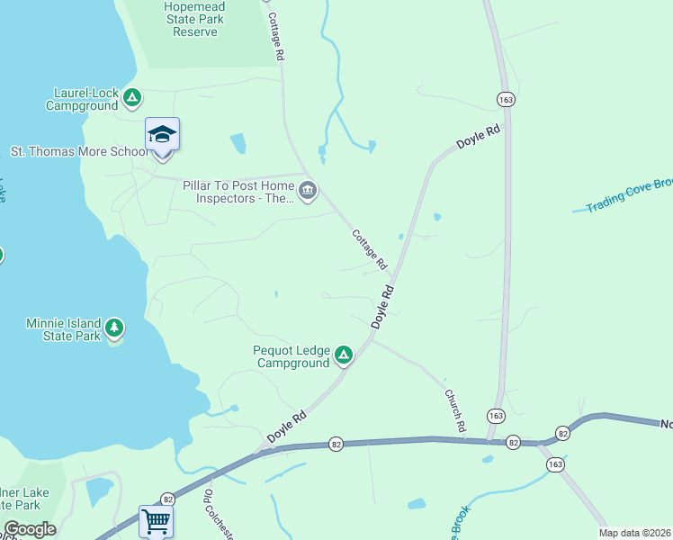 map of restaurants, bars, coffee shops, grocery stores, and more near 115 Cottage Road in Montville