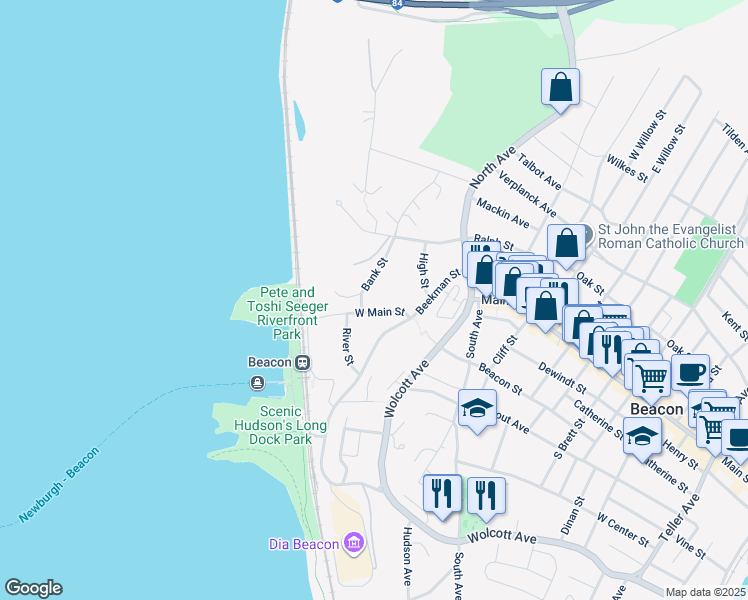 map of restaurants, bars, coffee shops, grocery stores, and more near 25 West Main Street in Beacon