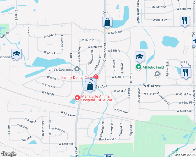 map of restaurants, bars, coffee shops, grocery stores, and more near 6057 Cleveland Circle in Merrillville
