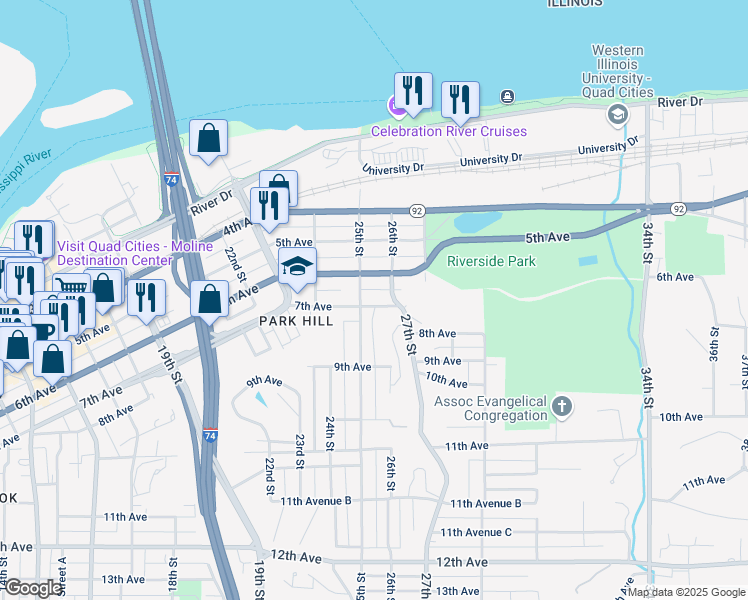 map of restaurants, bars, coffee shops, grocery stores, and more near 2515 7th Avenue in Moline