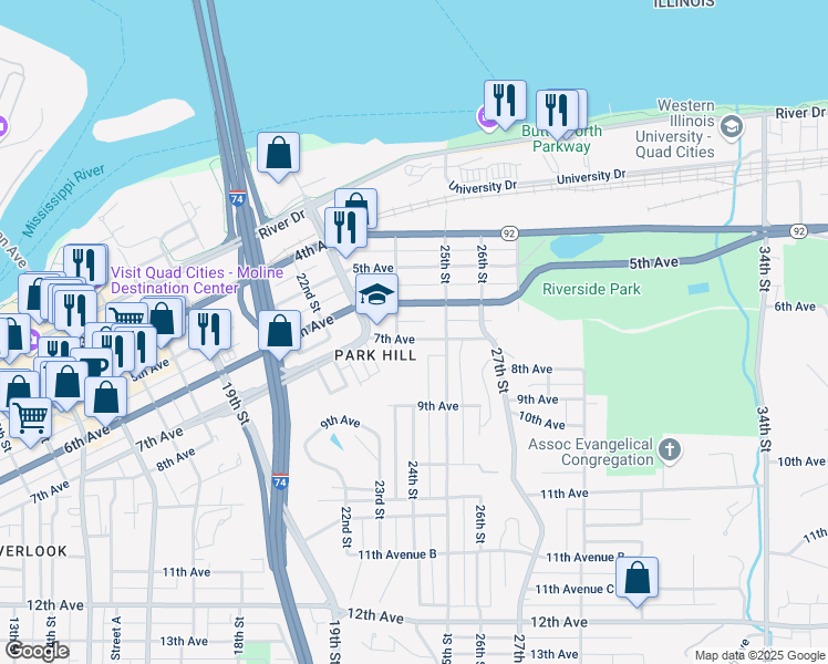 map of restaurants, bars, coffee shops, grocery stores, and more near 2415 7th Avenue in Moline