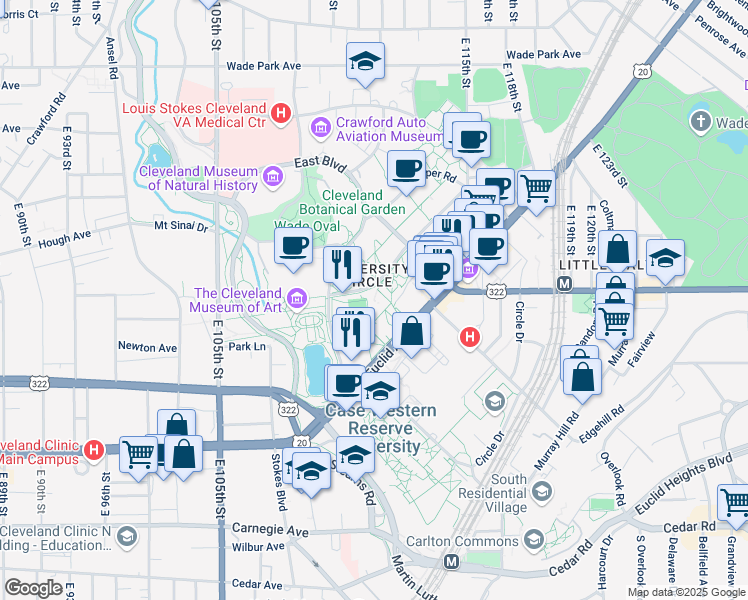 map of restaurants, bars, coffee shops, grocery stores, and more near 11038 Bellflower Road in Cleveland