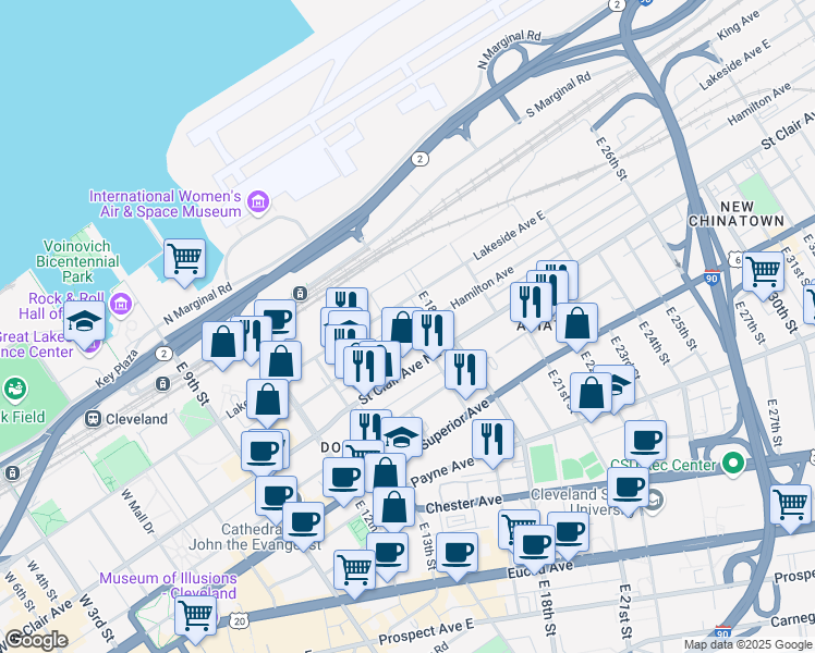 map of restaurants, bars, coffee shops, grocery stores, and more near 1296e East 17th Street in Cleveland