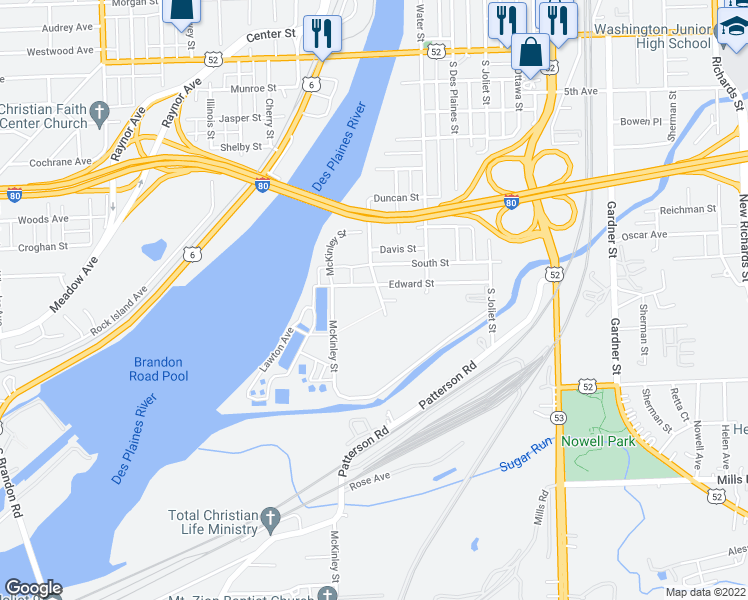 map of restaurants, bars, coffee shops, grocery stores, and more near 855 Adler Street in Joliet