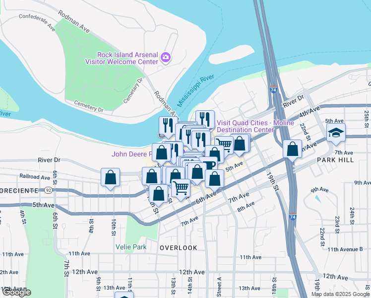 map of restaurants, bars, coffee shops, grocery stores, and more near 1505 River Drive in Moline