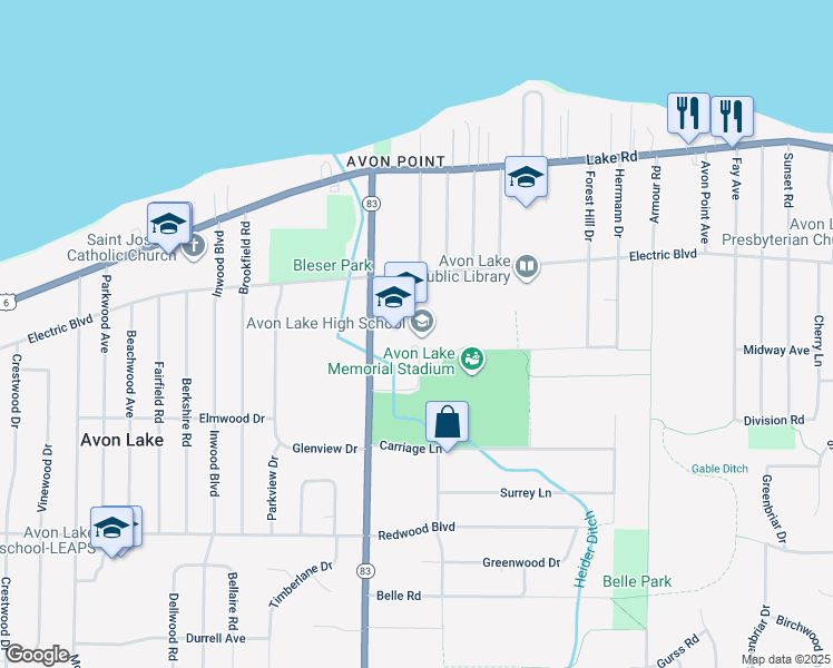 map of restaurants, bars, coffee shops, grocery stores, and more near 175 Avon Belden Road in Avon Lake