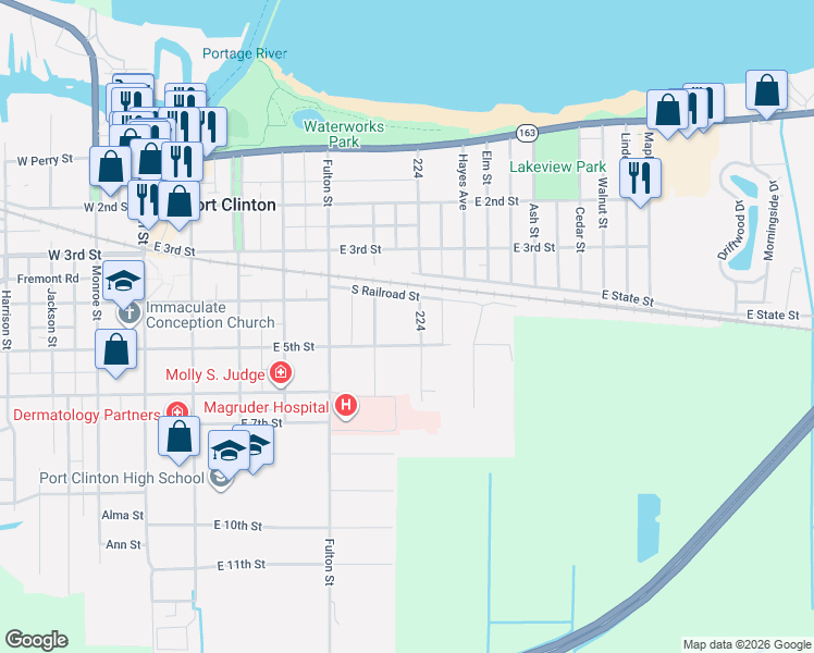 map of restaurants, bars, coffee shops, grocery stores, and more near 627 East 5th Street in Port Clinton