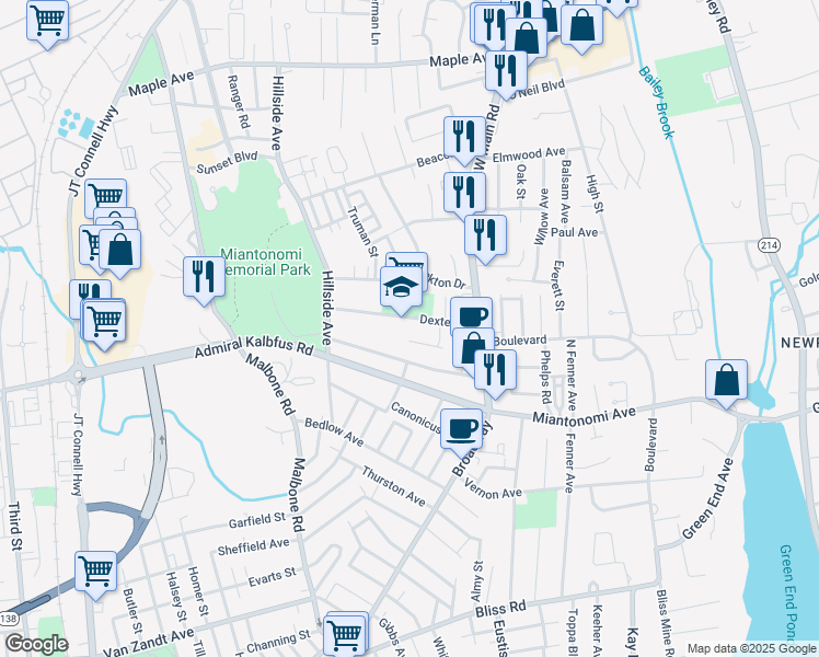 map of restaurants, bars, coffee shops, grocery stores, and more near 35 Dexter Street in Newport