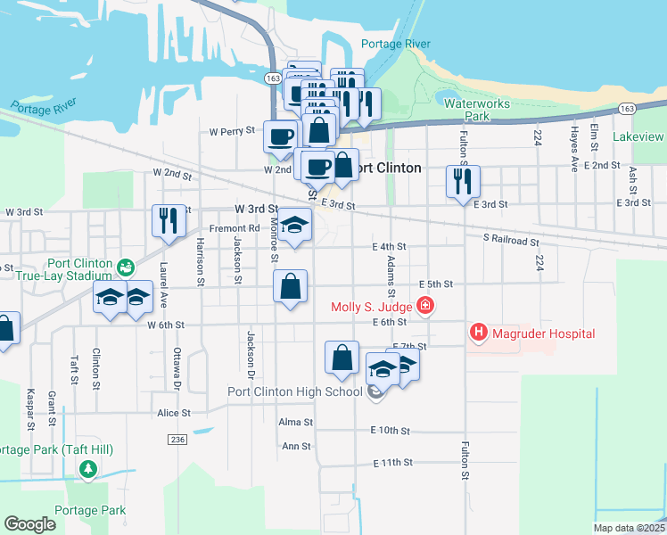 map of restaurants, bars, coffee shops, grocery stores, and more near 110 East 4th Street in Port Clinton