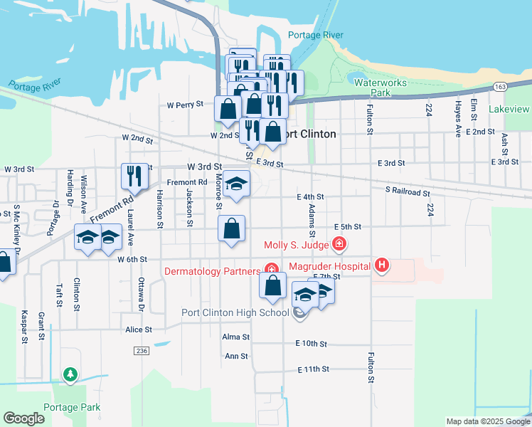 map of restaurants, bars, coffee shops, grocery stores, and more near 110 East 4th Street in Port Clinton