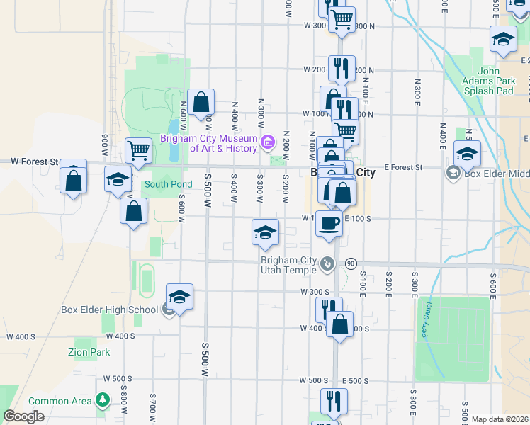 map of restaurants, bars, coffee shops, grocery stores, and more near 231 West 100 South in Brigham City
