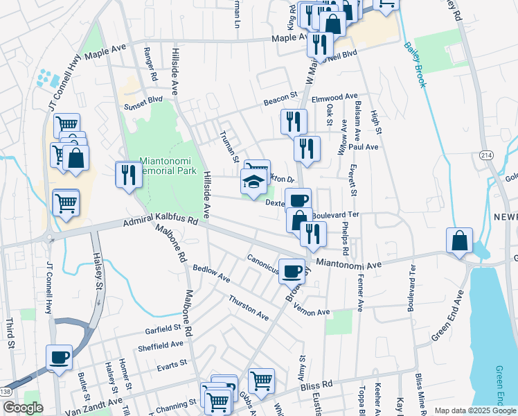 map of restaurants, bars, coffee shops, grocery stores, and more near 35 Dexter Street in Newport