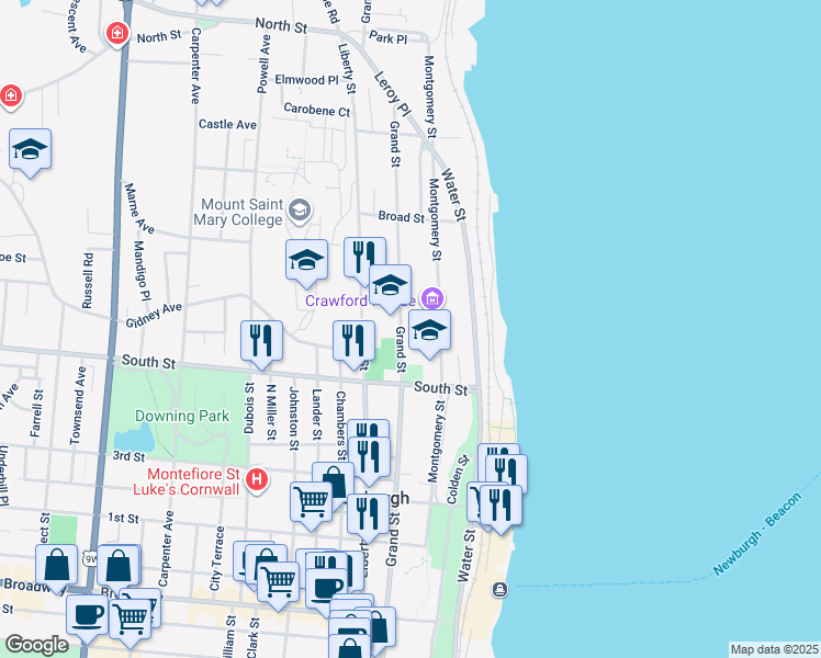 map of restaurants, bars, coffee shops, grocery stores, and more near 238 Grand Street in Newburgh