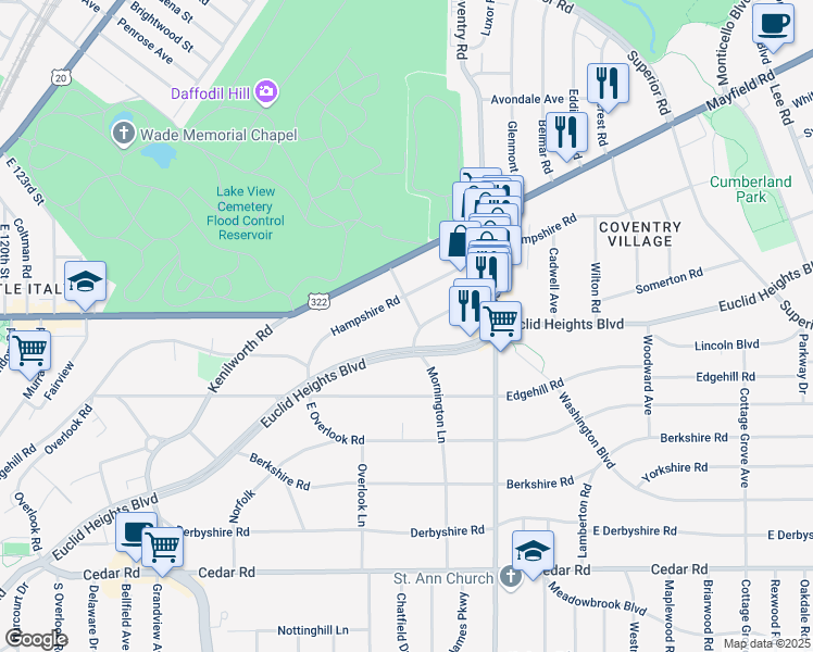 map of restaurants, bars, coffee shops, grocery stores, and more near 2697 Euclid Heights Boulevard in Cleveland