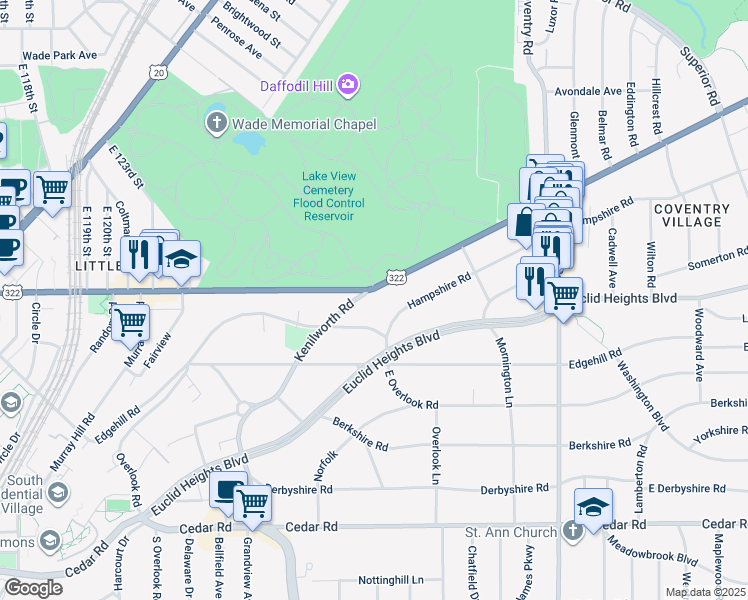 map of restaurants, bars, coffee shops, grocery stores, and more near 2577 Overlook Road in Cleveland Heights