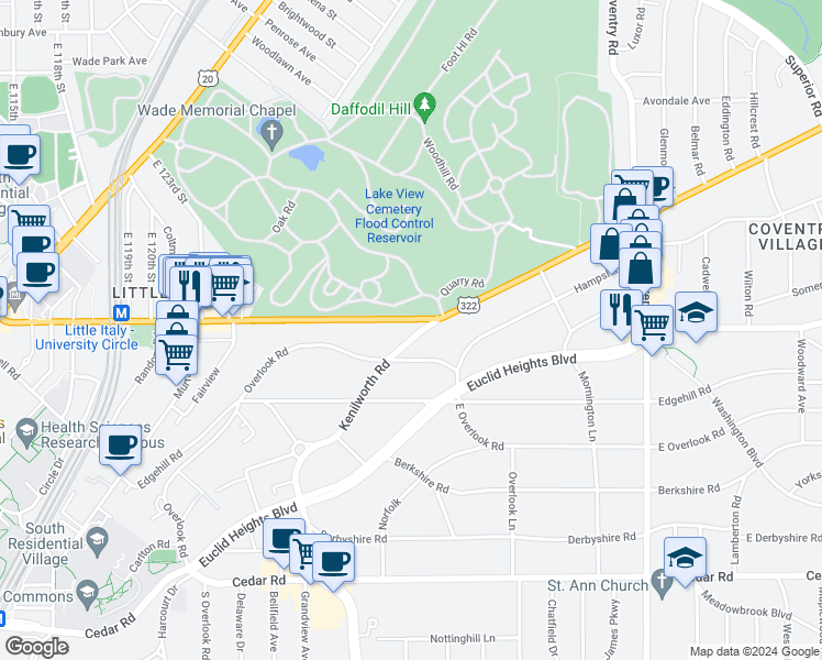 map of restaurants, bars, coffee shops, grocery stores, and more near 2541 Kenilworth Road in Cleveland Heights