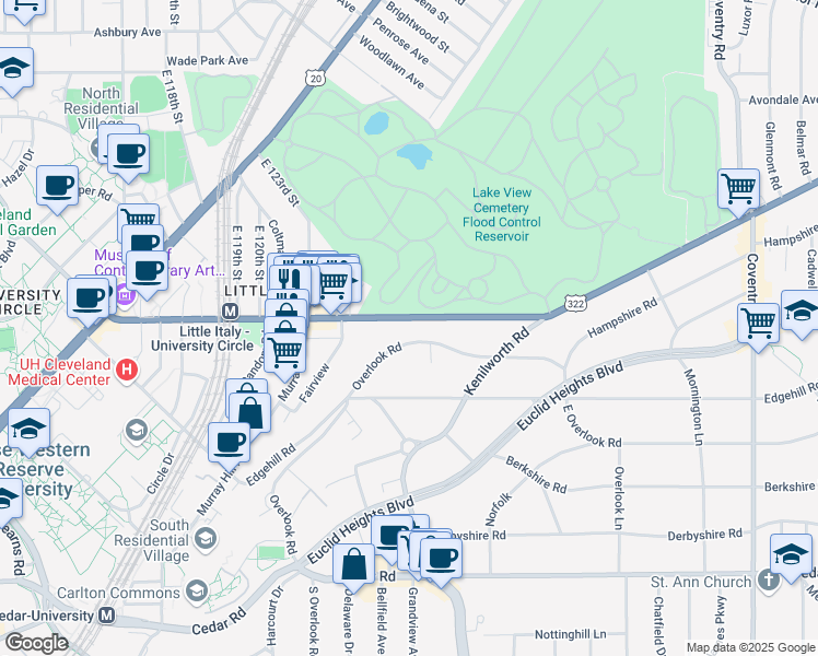map of restaurants, bars, coffee shops, grocery stores, and more near 2417 Overlook Road in Cleveland Heights