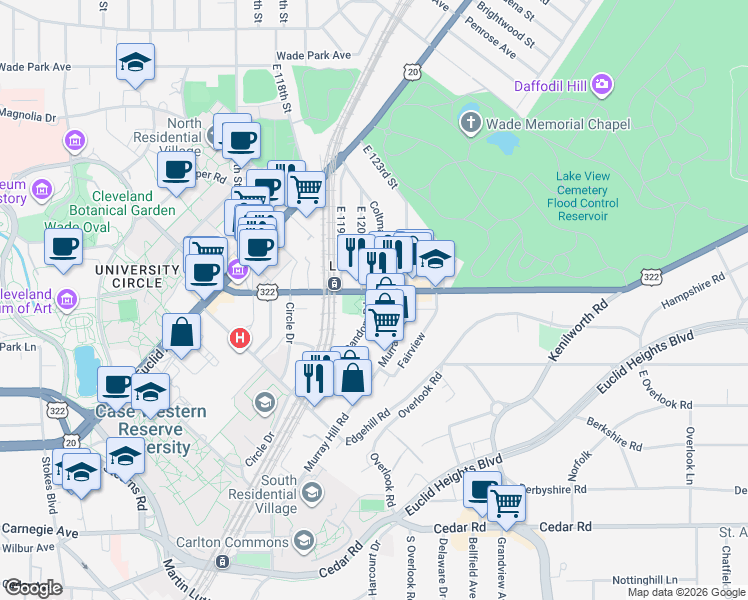map of restaurants, bars, coffee shops, grocery stores, and more near 2025 Random Road in Cleveland