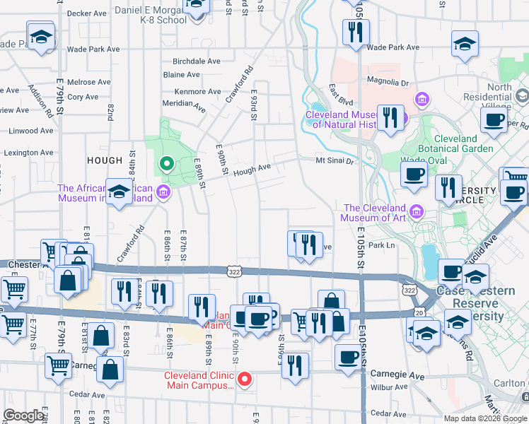 map of restaurants, bars, coffee shops, grocery stores, and more near 1831 East 93rd Street in Cleveland