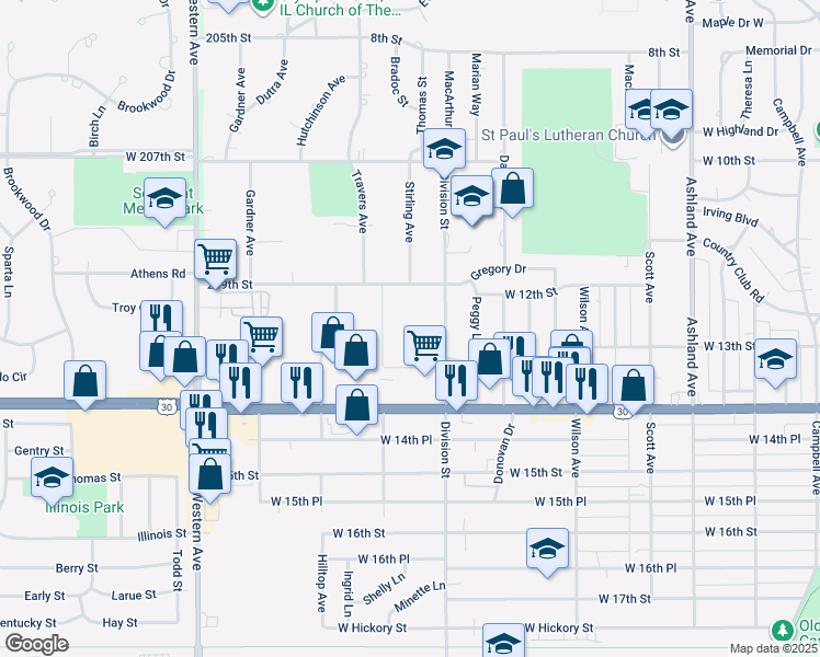 map of restaurants, bars, coffee shops, grocery stores, and more near 29 Olympic Village in Chicago Heights