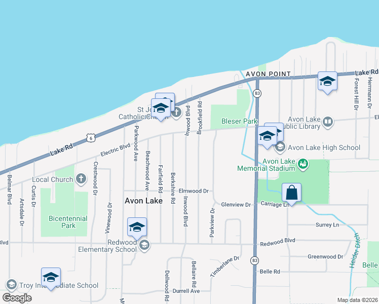 map of restaurants, bars, coffee shops, grocery stores, and more near 159 Inwood Boulevard in Avon Lake