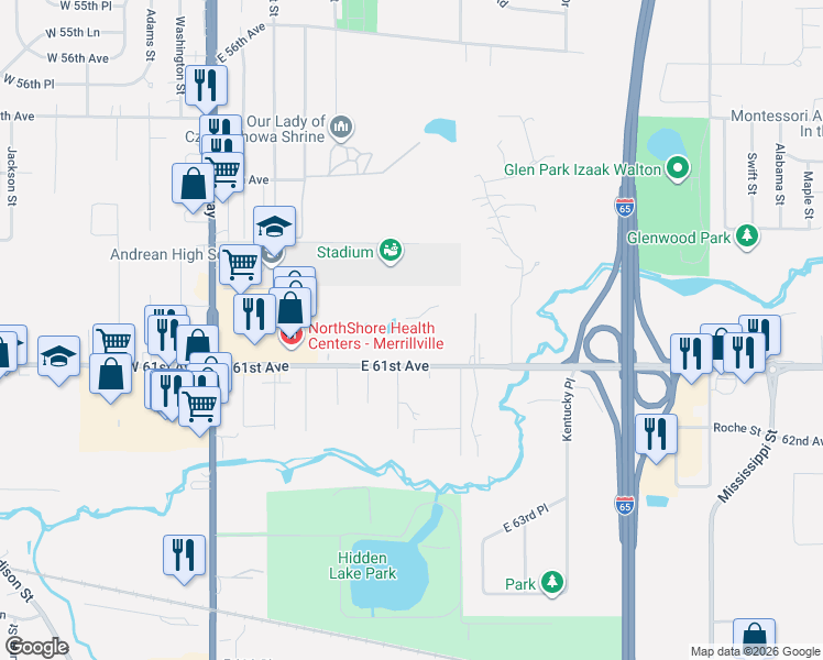 map of restaurants, bars, coffee shops, grocery stores, and more near 6060 Virginia St in Merrillville