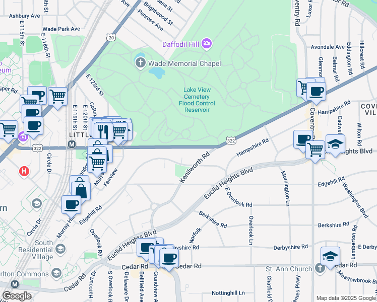 map of restaurants, bars, coffee shops, grocery stores, and more near 2256 Mayfield Road in Cleveland Heights