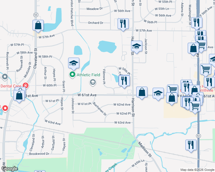 map of restaurants, bars, coffee shops, grocery stores, and more near 1073 West 60th Place in Merrillville