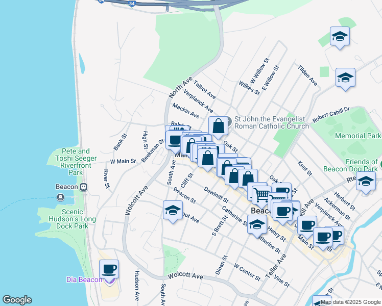 map of restaurants, bars, coffee shops, grocery stores, and more near 171 Main Street in Beacon