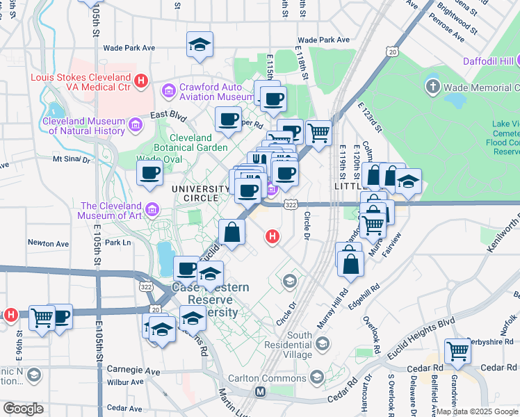 map of restaurants, bars, coffee shops, grocery stores, and more near 11100 Euclid Avenue in Cleveland