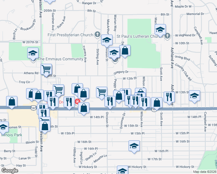 map of restaurants, bars, coffee shops, grocery stores, and more near 1239 Division Street in Chicago Heights
